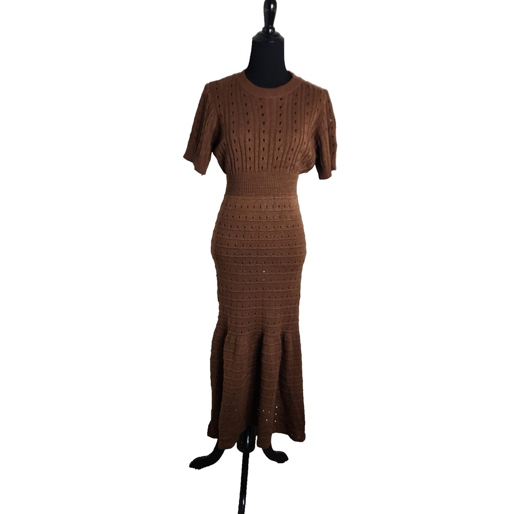 Brown Knit Short Sleeve Long Sweater Dress Crochet Fit & Flare Maxi Size M